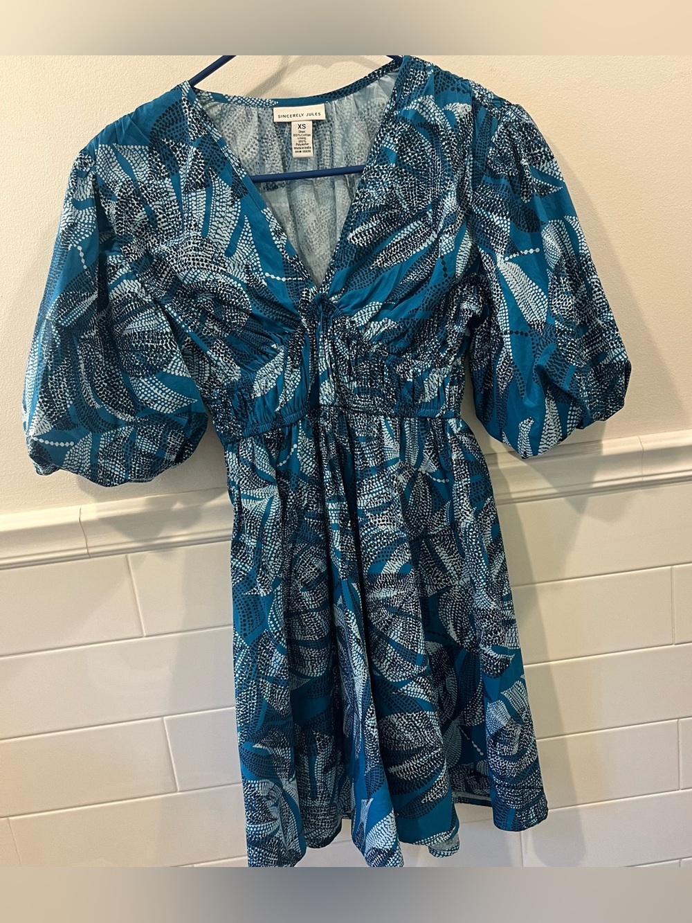 Sincerely Jules Blue/White Floral Fit & Flare Puff Sleeve Dress